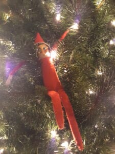 Image of elf in Christmas tree. Elf on a Shelf likes to create Chaos.