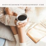 Image Description: woman sitting on bed with coffee and open notebook and pen. Says Book and Music Corner. Seeking Serenity and Harmony.com