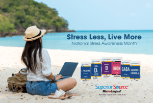 woman on beach, strress less live more April Stress Awareness Month. Superior Source Vitamins.