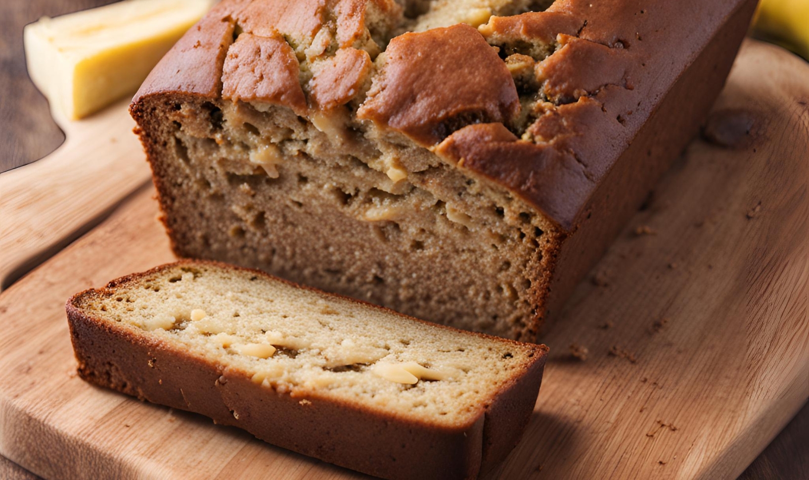 Image of banana bread sliced on a cutting board