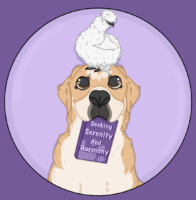 Childrens Books Coming Soon. Image of tan and white golden pyr dog wearing a white silkie chicken on its head. It has a book in its mouth titled seeking serenity and harmony and is in a purple background with a darker purple frame.